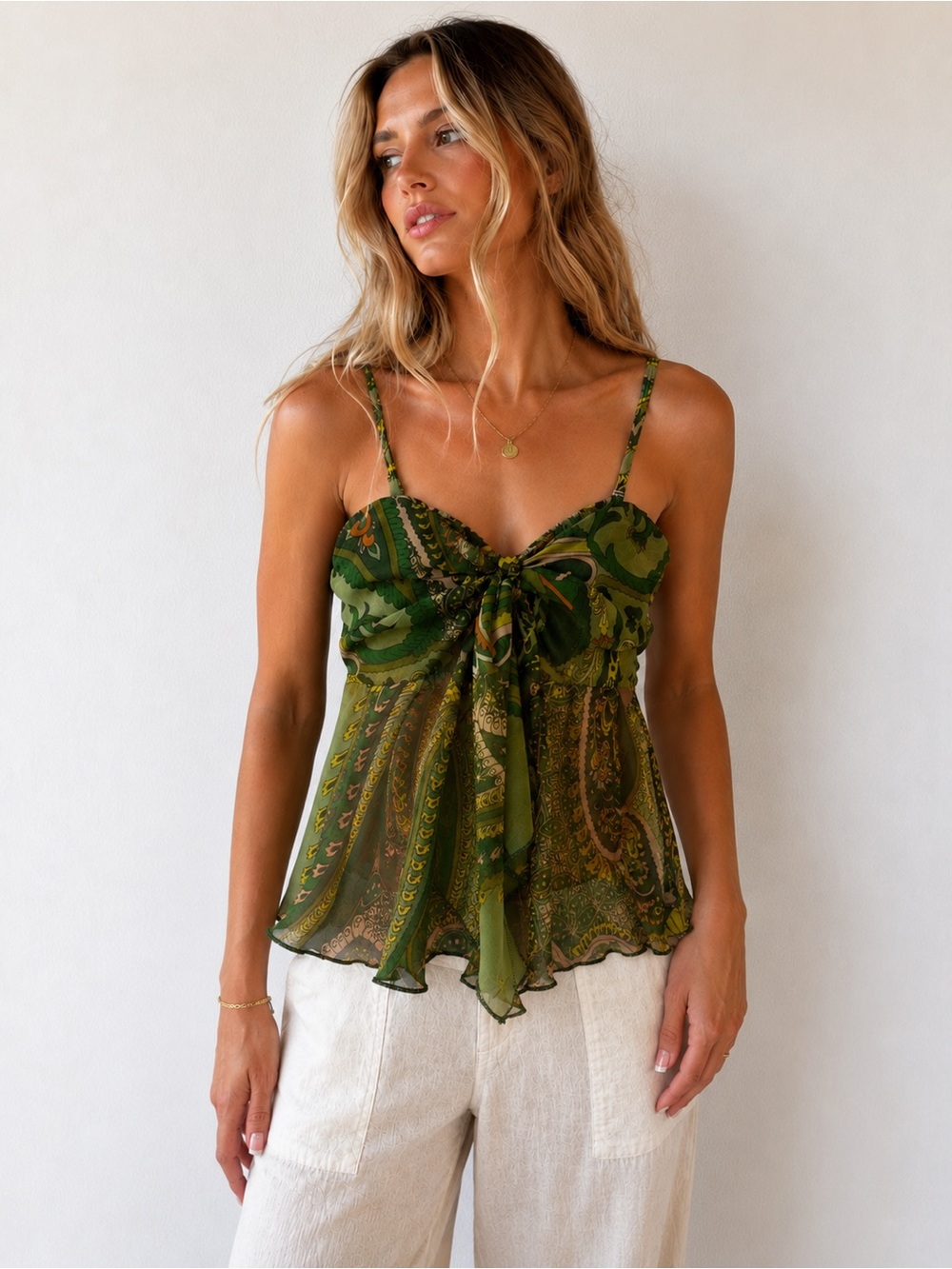 Live 4 Truth Fairycore Whimsical Babydoll Tank S Green Paisley Tie Front NWT